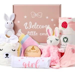 Baby Girl Onesie Rattle Bib Bath Towel Muslin Blanket Socks Gift Box